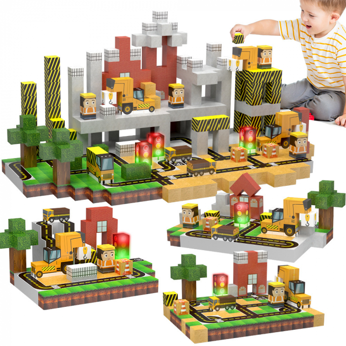 Set Constructie Magnetic 2-in-1 Giftry® Urban Adventure, 138 Piese cu Lumini, Joc STEM Educativ, Vehicule, Sosea si Cale Ferata, 3+ Ani. Galben [8]