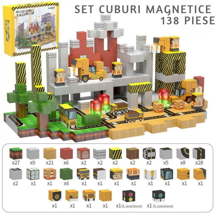 Set Constructie Magnetic 2-in-1 Giftry® Urban Adventure, 138 Piese cu Lumini, Joc STEM Educativ, Vehicule, Sosea si Cale Ferata, 3+ Ani. Galben [3]