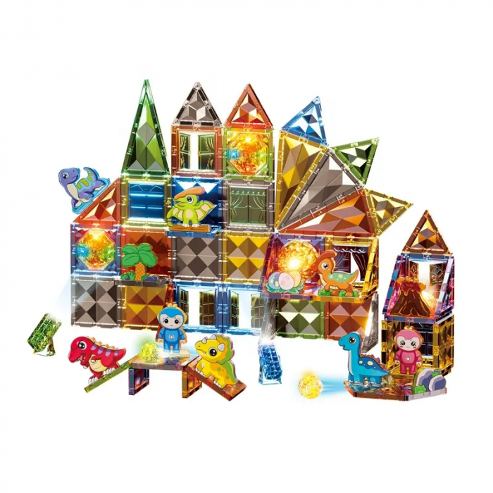 Set Magnetic Tiles 3D Giftry®, constructie dinozauri, jucarii educationale luminoase STEM, baieti si fete, 98 Piese, multicolor, 3 ani + [1]