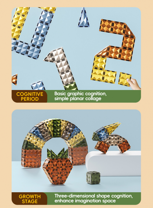 Set Magnetic Tiles 3D Giftry®, constructie dinozauri, jucarii educationale luminoase STEM, baieti si fete, 98 Piese, multicolor, 3 ani + [4]
