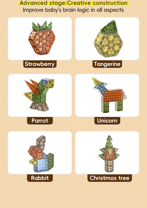Set Magnetic Tiles 3D Giftry®, constructie dinozauri, jucarii educationale luminoase STEM, baieti si fete, 98 Piese, multicolor, 3 ani + [5]