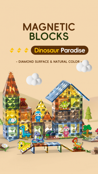 Set Magnetic Tiles 3D Giftry®, constructie dinozauri, jucarii educationale luminoase STEM, baieti si fete, 98 Piese, multicolor, 3 ani + [3]