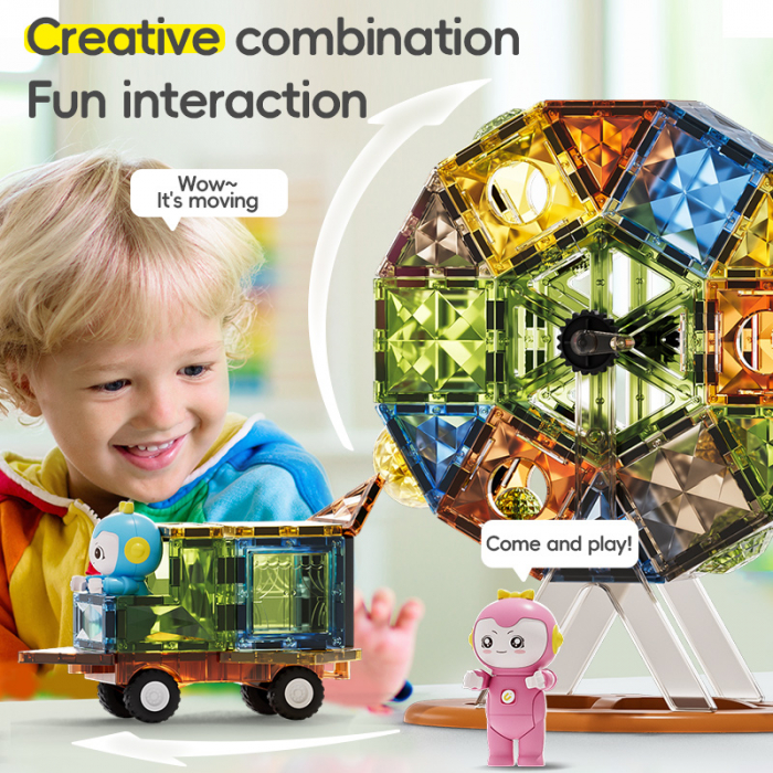 Set Magnetic Tiles 3D Giftry®, jucarii educationale luminoase STEM, Constructie Elemente Magnetice, baieti si fete, 87 Piese, multicolor, 3 ani + [3]