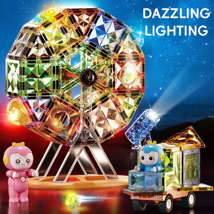 Set Magnetic Tiles 3D Giftry®, jucarii educationale luminoase STEM, Constructie Elemente Magnetice, baieti si fete, 87 Piese, multicolor, 3 ani + [2]