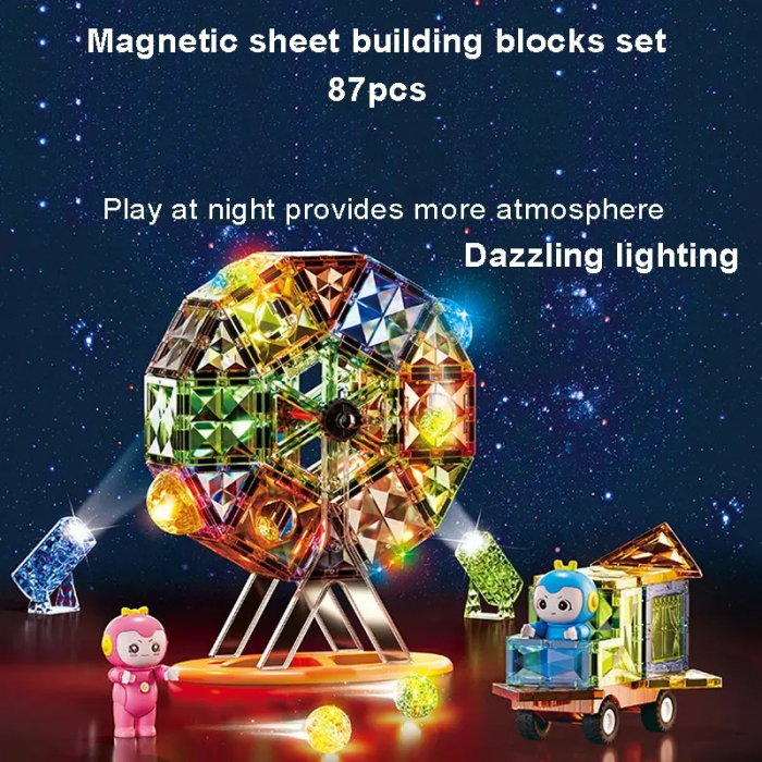 Set Magnetic Tiles 3D Giftry®, jucarii educationale luminoase STEM, Constructie Elemente Magnetice, baieti si fete, 87 Piese, multicolor, 3 ani + [4]
