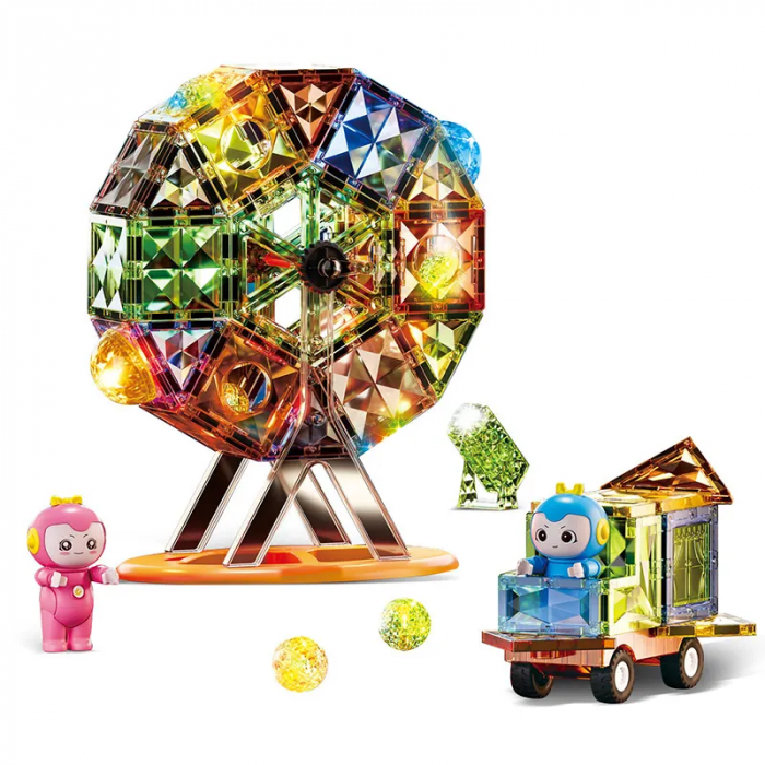 Set Magnetic Tiles 3D Giftry®, jucarii educationale luminoase STEM, Constructie Elemente Magnetice, baieti si fete, 87 Piese, multicolor, 3 ani + [1]