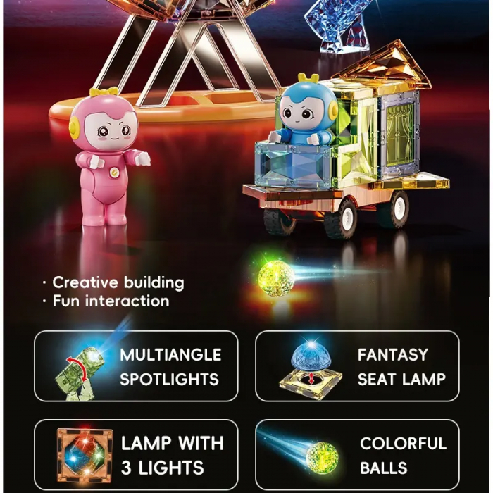 Set Magnetic Tiles 3D Giftry®, jucarii educationale luminoase STEM, Constructie Elemente Magnetice, baieti si fete, 87 Piese, multicolor, 3 ani + [7]