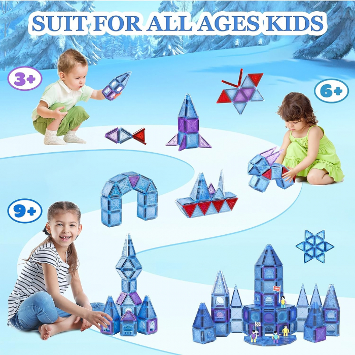 Set Magnetic Tiles 3D Giftry®, jucarii educationale STEM, Constructie Elemente Magnetice, baieti si fete, 128 Piese, albastru, 3 ani + [6]