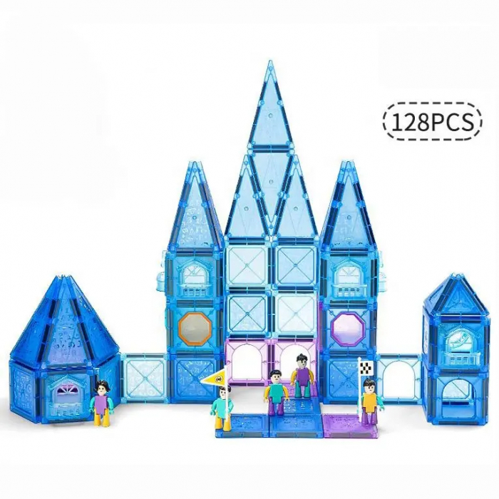 Set Magnetic Tiles 3D Giftry®, jucarii educationale STEM, Constructie Elemente Magnetice, baieti si fete, 128 Piese, albastru, 3 ani + [4]