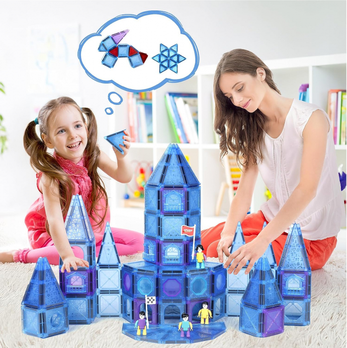 Set Magnetic Tiles 3D Giftry®, jucarii educationale STEM, Constructie Elemente Magnetice, baieti si fete, 128 Piese, albastru, 3 ani + [7]