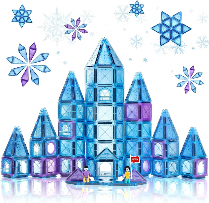 Set Magnetic Tiles 3D Giftry®, jucarii educationale STEM, Constructie Elemente Magnetice, baieti si fete, 128 Piese, albastru, 3 ani + [1]