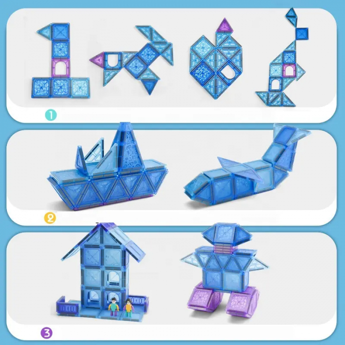 Set Magnetic Tiles 3D Giftry®, jucarii educationale STEM, Constructie Elemente Magnetice, baieti si fete, 128 Piese, albastru, 3 ani + [5]