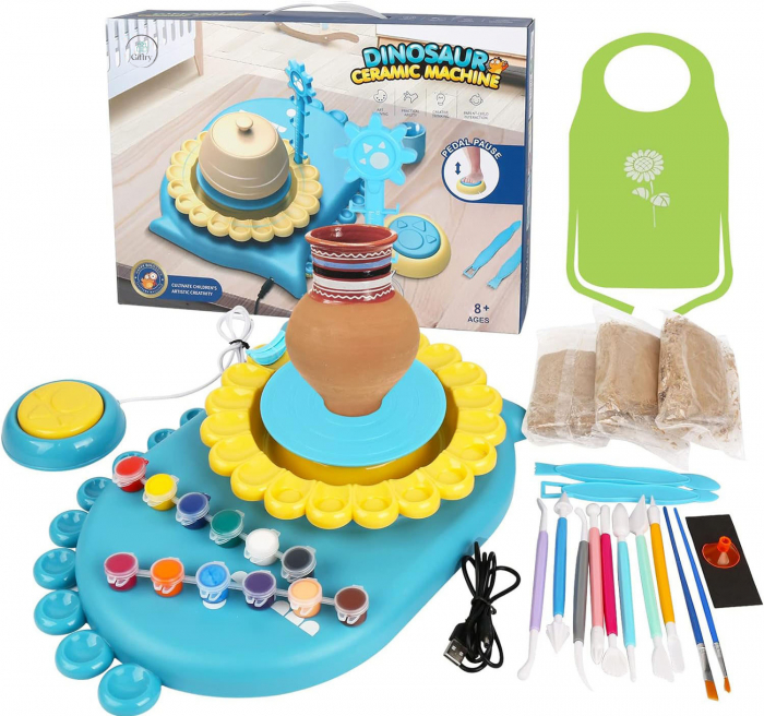Set olarit Giftry®, model dinozaur, studio modelare ceramica, kit artizanat, cablu USB, jucarie educationala pentru copii, 8+, albastru [10]