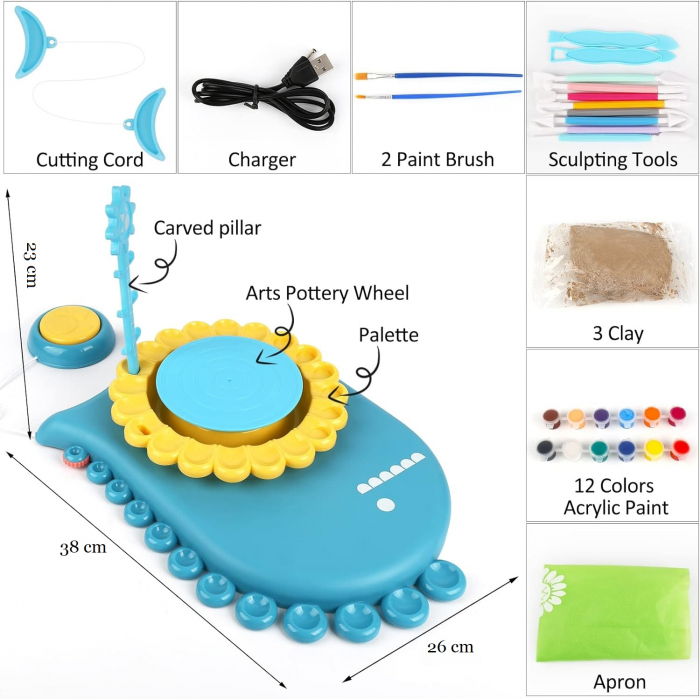 Set olarit Giftry®, model dinozaur, studio modelare ceramica, kit artizanat, cablu USB, jucarie educationala pentru copii, 8+, albastru [8]