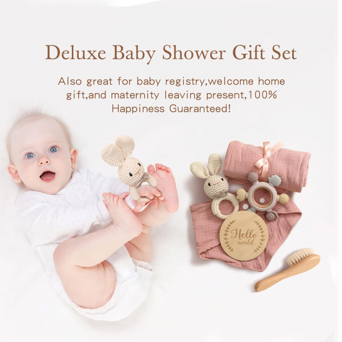 Set pentru bebelus Giftry®, nou-nascut, jucarie crosetata, baveta, muselina, inel gingival, perie par, iepuras, milestone card, iepuras, roz [2]