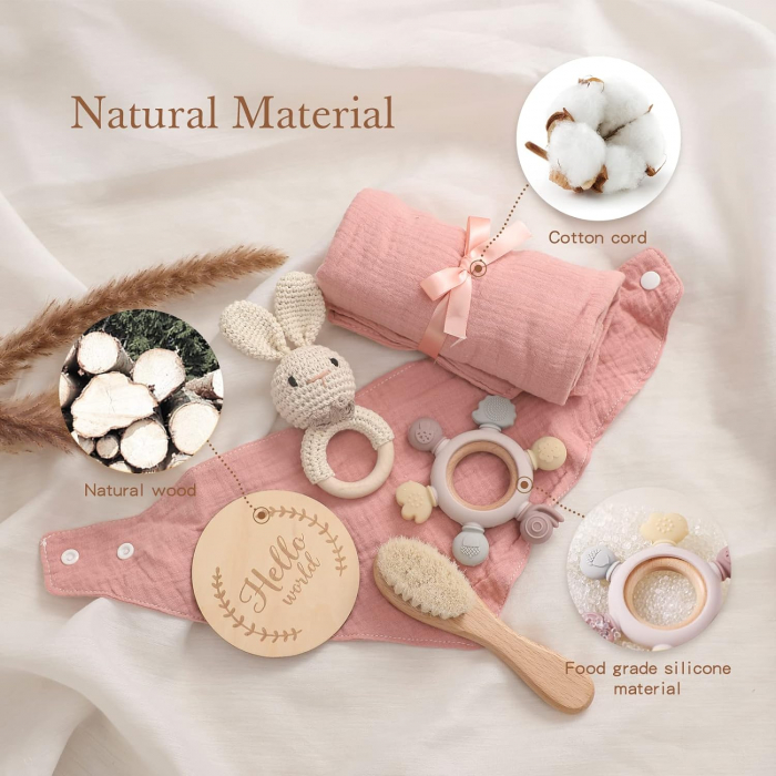 Set pentru bebelus Giftry®, nou-nascut, jucarie crosetata, baveta, muselina, inel gingival, perie par, iepuras, milestone card, iepuras, roz [4]