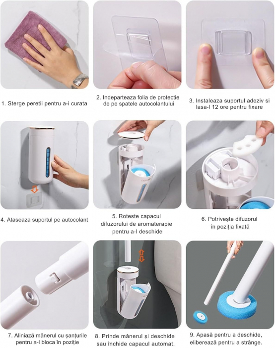 Set Perie WC Giftry® cu Suport de Perete, 24 Bureti de Unica Folosinta, 3 Difuzoare Aroma (Lamaie, Lavanda, Iasomie), Curatare 360°, Igienizare si Odorizare, Alb [8]