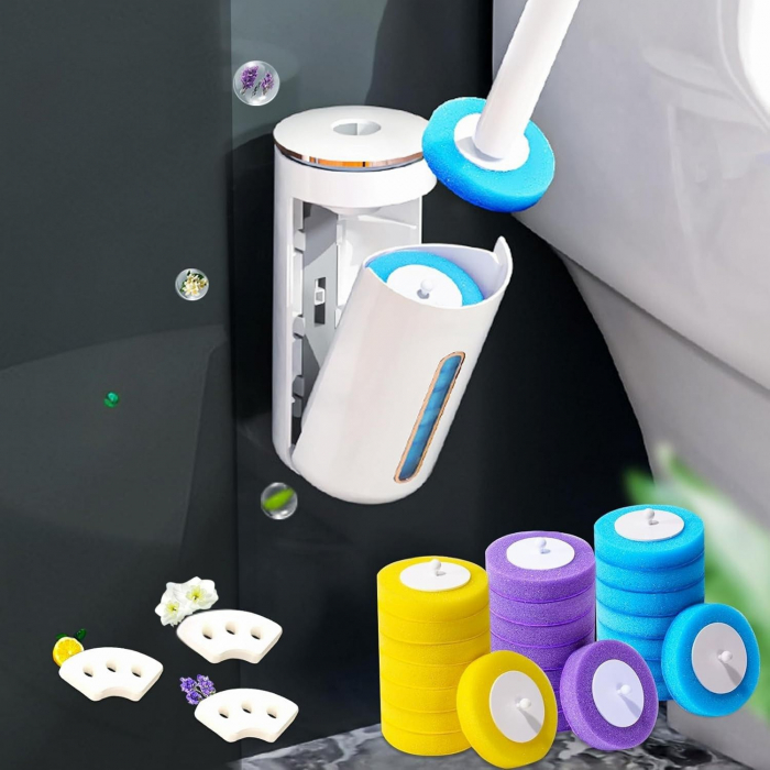 Set Perie WC Giftry® cu Suport de Perete, 24 Bureti de Unica Folosinta, 3 Difuzoare Aroma (Lamaie, Lavanda, Iasomie), Curatare 360°, Igienizare si Odorizare, Alb [1]
