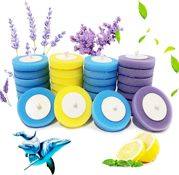 Set Perie WC Giftry® cu Suport de Perete, 24 Bureti de Unica Folosinta, 3 Difuzoare Aroma (Lamaie, Lavanda, Iasomie), Curatare 360°, Igienizare si Odorizare, Alb [10]