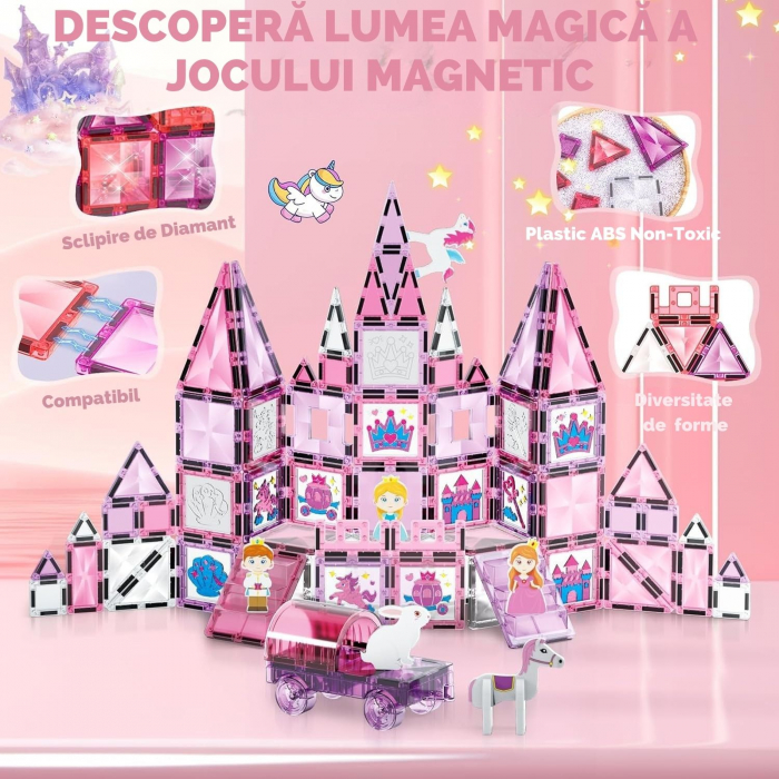 Set Piese Magnetice Giftry®, Castel Printesa, 126 Piese Stralucitoare, Personaje, Sabloane desen si Carioci, Jucarie Educativa pentru Copii 3+ Ani, Roz [5]