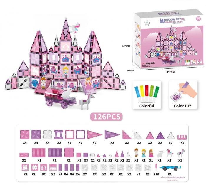 Set Piese Magnetice Giftry®, Castel Printesa, 126 Piese Stralucitoare, Personaje, Sabloane desen si Carioci, Jucarie Educativa pentru Copii 3+ Ani, Roz [8]