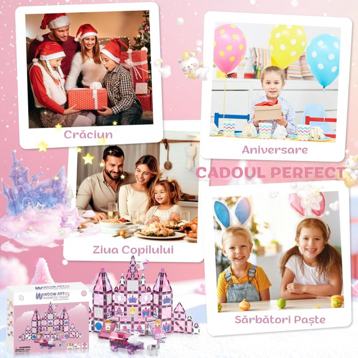 Set Piese Magnetice Giftry®, Castel Printesa, 126 Piese Stralucitoare, Personaje, Sabloane desen si Carioci, Jucarie Educativa pentru Copii 3+ Ani, Roz [4]