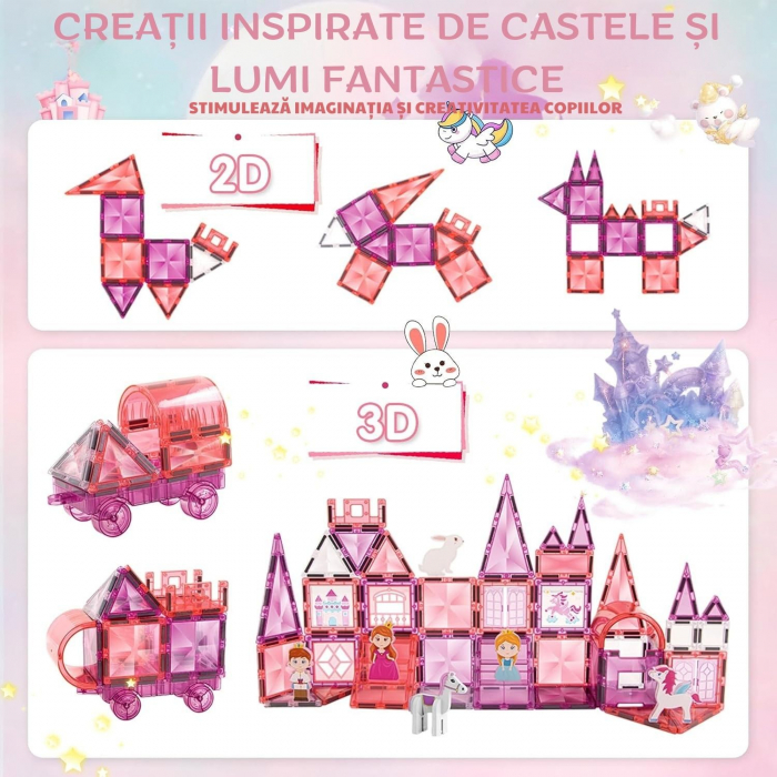 Set Piese Magnetice Giftry®, Castel Printesa, 126 Piese Stralucitoare, Personaje, Sabloane desen si Carioci, Jucarie Educativa pentru Copii 3+ Ani, Roz [2]