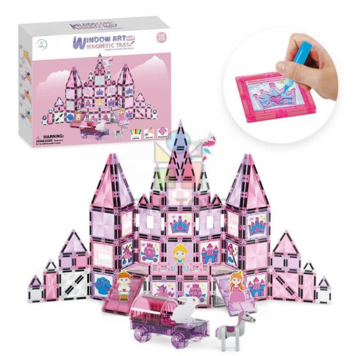 Set Piese Magnetice Giftry®, Castel Printesa, 126 Piese Stralucitoare, Personaje, Sabloane desen si Carioci, Jucarie Educativa pentru Copii 3+ Ani, Roz [1]