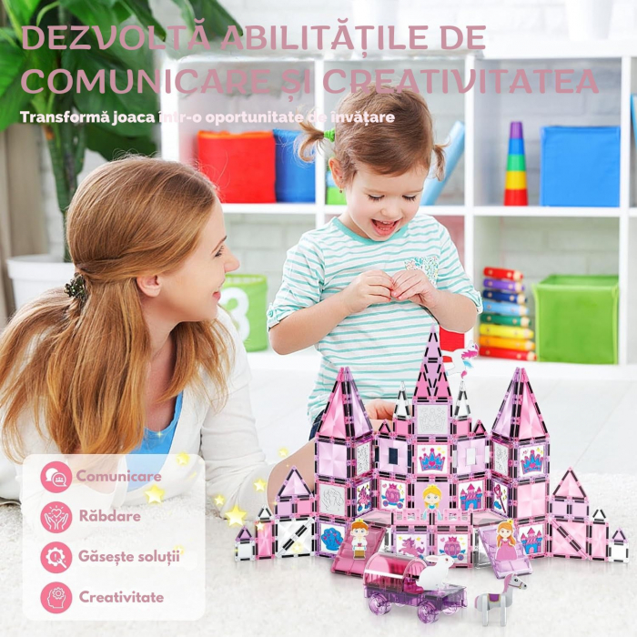 Set Piese Magnetice Giftry®, Castel Printesa, 126 Piese Stralucitoare, Personaje, Sabloane desen si Carioci, Jucarie Educativa pentru Copii 3+ Ani, Roz [3]