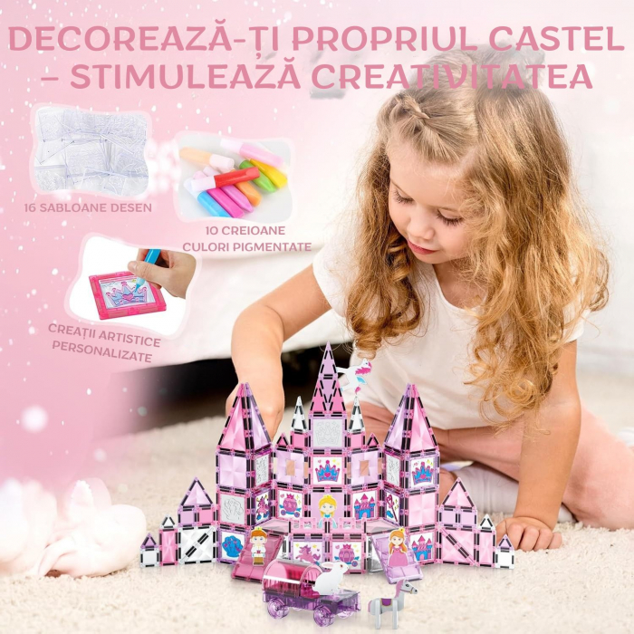 Set Piese Magnetice Giftry®, Castel Printesa, 126 Piese Stralucitoare, Personaje, Sabloane desen si Carioci, Jucarie Educativa pentru Copii 3+ Ani, Roz [7]