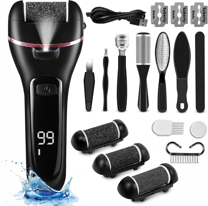Set pila electrica Giftry® pentru ingrijirea picioarelor, accesorii, 3 capete incluse, Led, Incarcare USB, rezistent la apa, 2000 rpm, Negru [1]