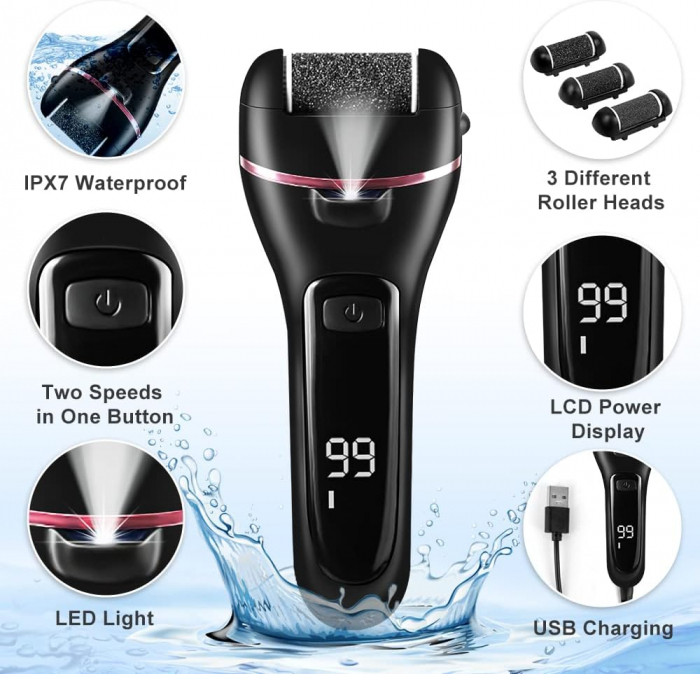Set pila electrica Giftry® pentru ingrijirea picioarelor, accesorii, 3 capete incluse, Led, Incarcare USB, rezistent la apa, 2000 rpm, Negru [2]