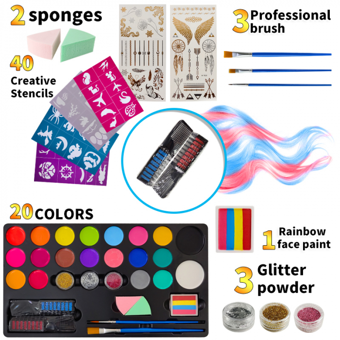 Set profesional Giftry®, pictura pe fata si corp, 20 culori, vopsea pe baza de apa, non-toxic, 3 ani + [4]