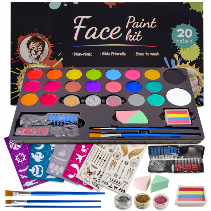 Set profesional Giftry®, pictura pe fata si corp, 20 culori, vopsea pe baza de apa, non-toxic, 3 ani + [2]