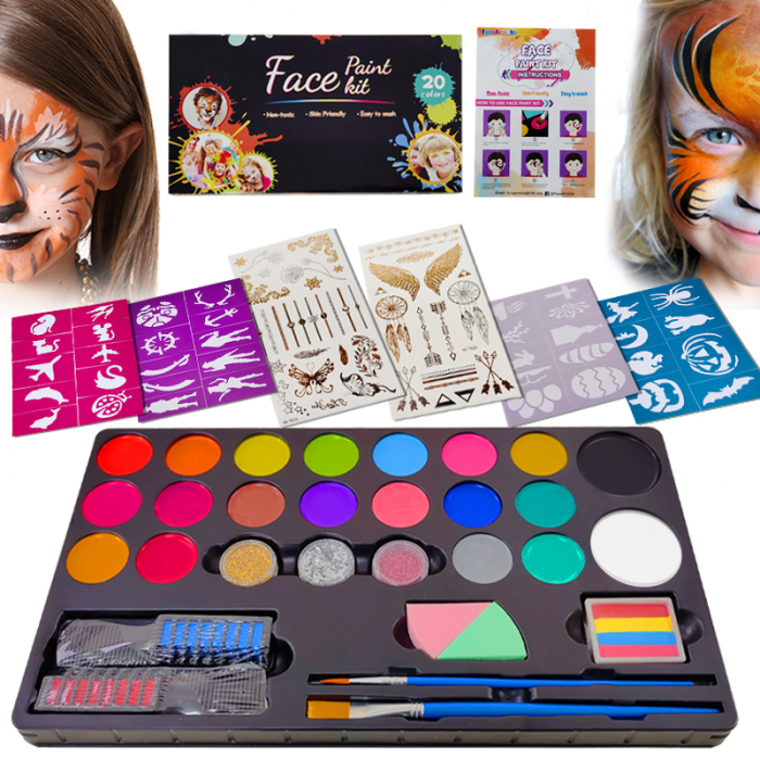 Set profesional Giftry®, pictura pe fata si corp, 20 culori, vopsea pe baza de apa, non-toxic, 3 ani + [5]