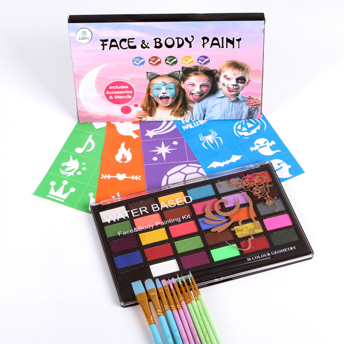 Set profesional Giftry®, pictura pe fata si corp, copii si adulti, 30 culori, 10 pensule, sabloane, vopsea pe baza de apa, non-toxic, 3 ani + [6]