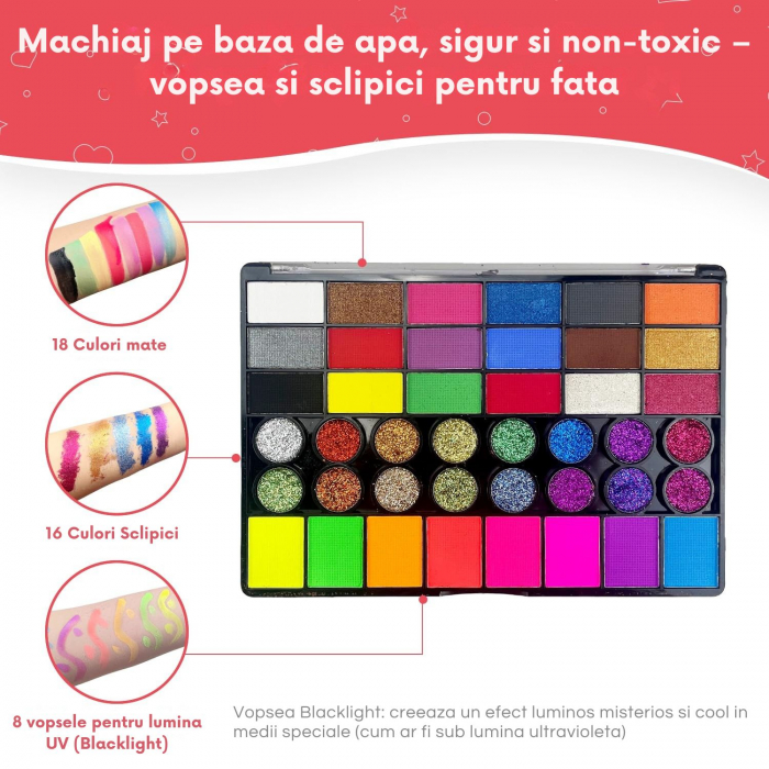 Set profesional Giftry®, pictura pe fata si corp, copii si adulti, 42 culori, 10 pensule, sabloane, sticker, vopsea pe baza de apa, non-toxic, 3 ani + [6]