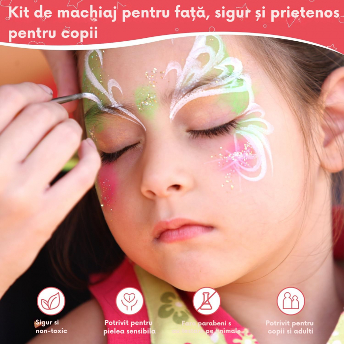 Set profesional Giftry®, pictura pe fata si corp, copii si adulti, 42 culori, 10 pensule, sabloane, sticker, vopsea pe baza de apa, non-toxic, 3 ani + [4]