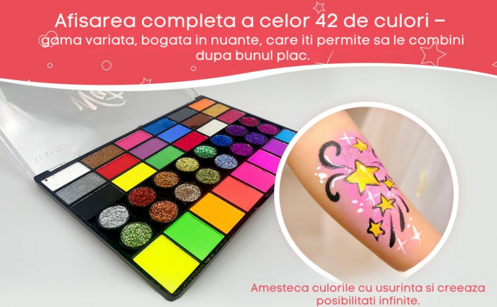 Set profesional Giftry®, pictura pe fata si corp, copii si adulti, 42 culori, 10 pensule, sabloane, sticker, vopsea pe baza de apa, non-toxic, 3 ani + [7]