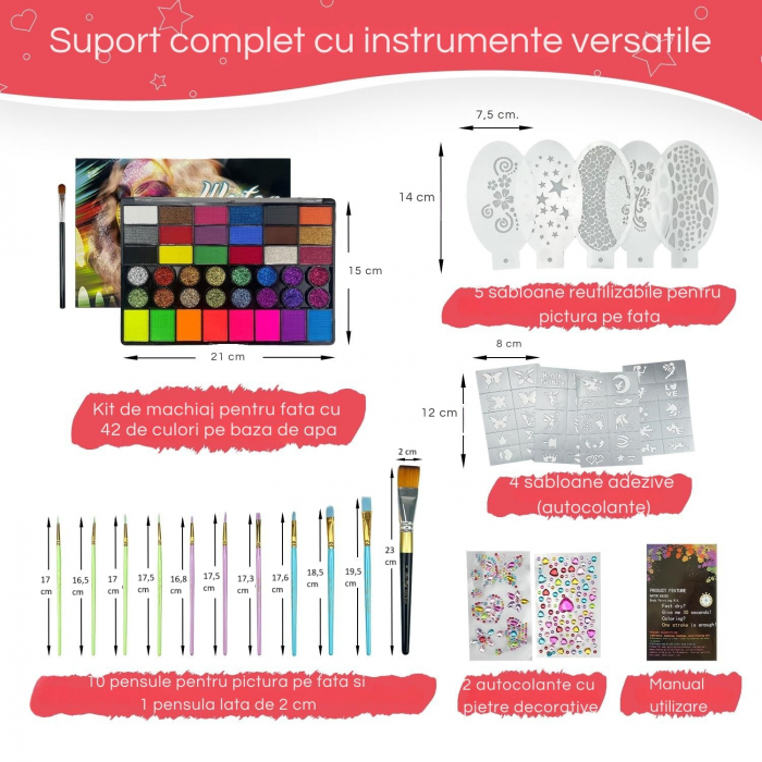 Set profesional Giftry®, pictura pe fata si corp, copii si adulti, 42 culori, 10 pensule, sabloane, sticker, vopsea pe baza de apa, non-toxic, 3 ani + [2]