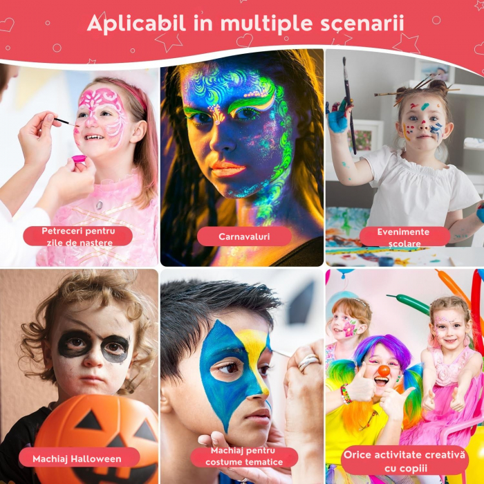 Set profesional Giftry®, pictura pe fata si corp, copii si adulti, 42 culori, 10 pensule, sabloane, sticker, vopsea pe baza de apa, non-toxic, 3 ani + [3]