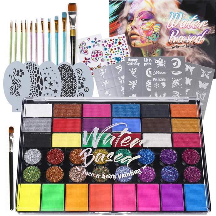 Set profesional Giftry®, pictura pe fata si corp, copii si adulti, 42 culori, 10 pensule, sabloane, sticker, vopsea pe baza de apa, non-toxic, 3 ani + [1]