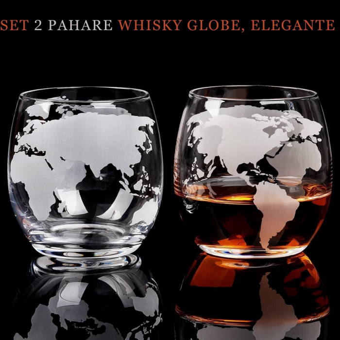 Set Whisky Globe Giftry® – Decantor Elegant 850 ml Transparent cu Dop Etans, 2 Pahare Gravate pentru Scotch, Bourbon sau Vodka, Stativ Lemn – Cadou Premium pentru Barbati [9]