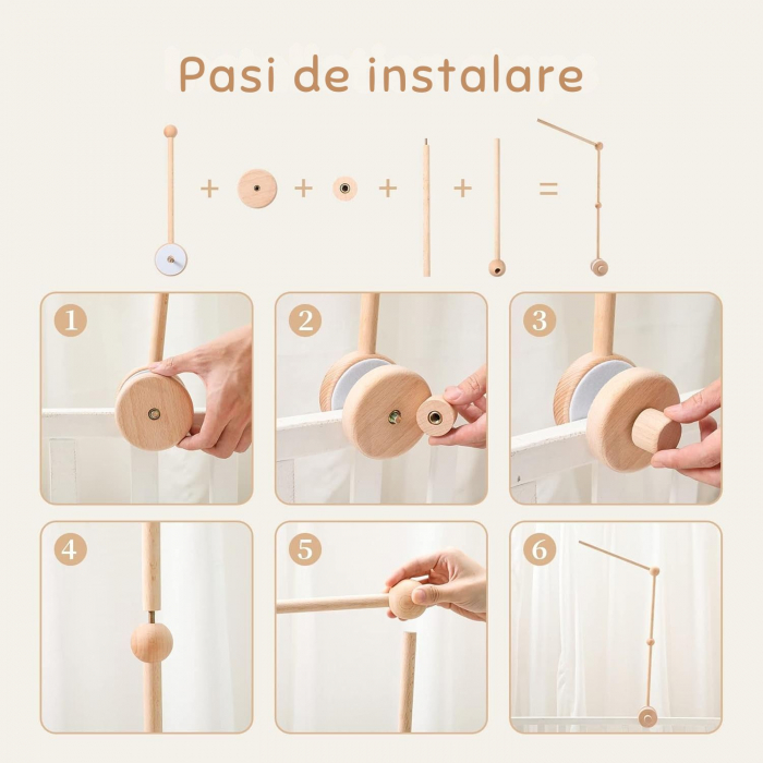 Suport mobil patut bebelusi Giftry® din lemn – brat carusel reglabil, 76cm, usor de instalat, cadru decor si jucarii, cadou nou-nascut [4]