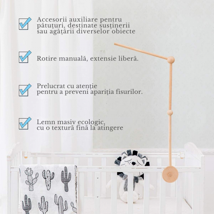 Suport mobil patut bebelusi Giftry® din lemn – brat carusel reglabil, 76cm, usor de instalat, cadru decor si jucarii, cadou nou-nascut [2]