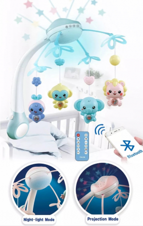 Carusel Muzical pentru patut, interactiv, Rotire 360°, sunete, lumini, proiector, telecomanda, +0 luni, Bleu [4]