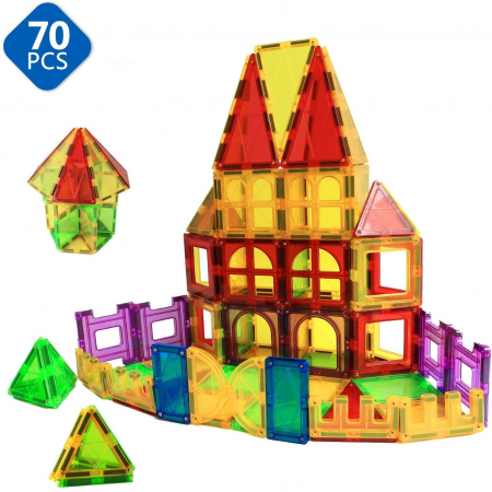Set de Constructie Giftry, Magnetic Tiles 3D, jucarii educationale STEM, Cadou baieti si fete, 70 Piese, Multicolor, 3 ani + [8]