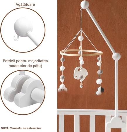 Brat pentru carusel de patut din lemn natural Giftry® – calitate superioara, montaj rapid, design elegant si functional, alb [2]