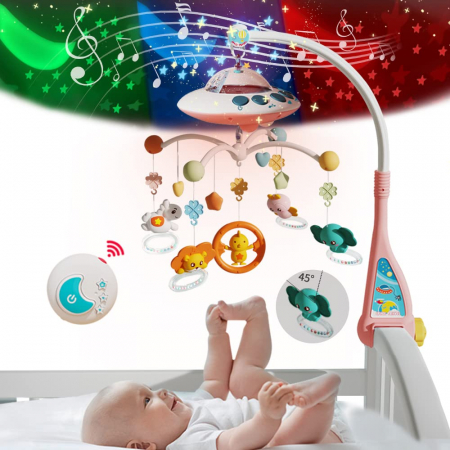 Carusel patut - Carusel Muzical Giftry®, interactiv multifunctional, 108 sunete, lumini, proiector, telecomanda, +0 luni, nava spatiala, roz