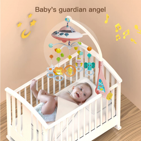 Carusel Muzical Giftry®, interactiv multifunctional, 108 sunete, lumini, proiector, telecomanda, +0 luni, nava spatiala, roz [3]